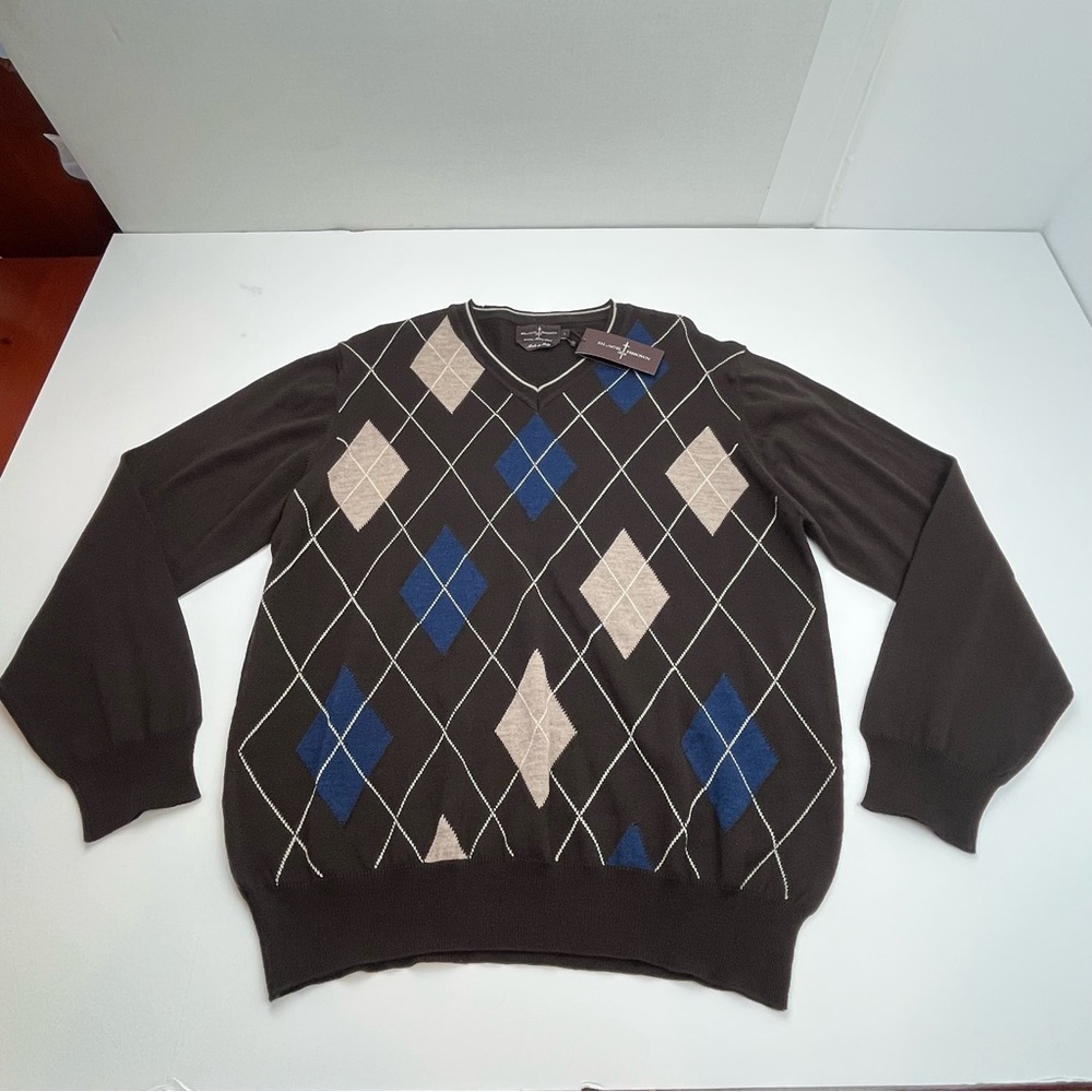 Black Brown 1826 100% Merino Wool Mens Size Large Argyle Sweater NEW *FLAWED*
